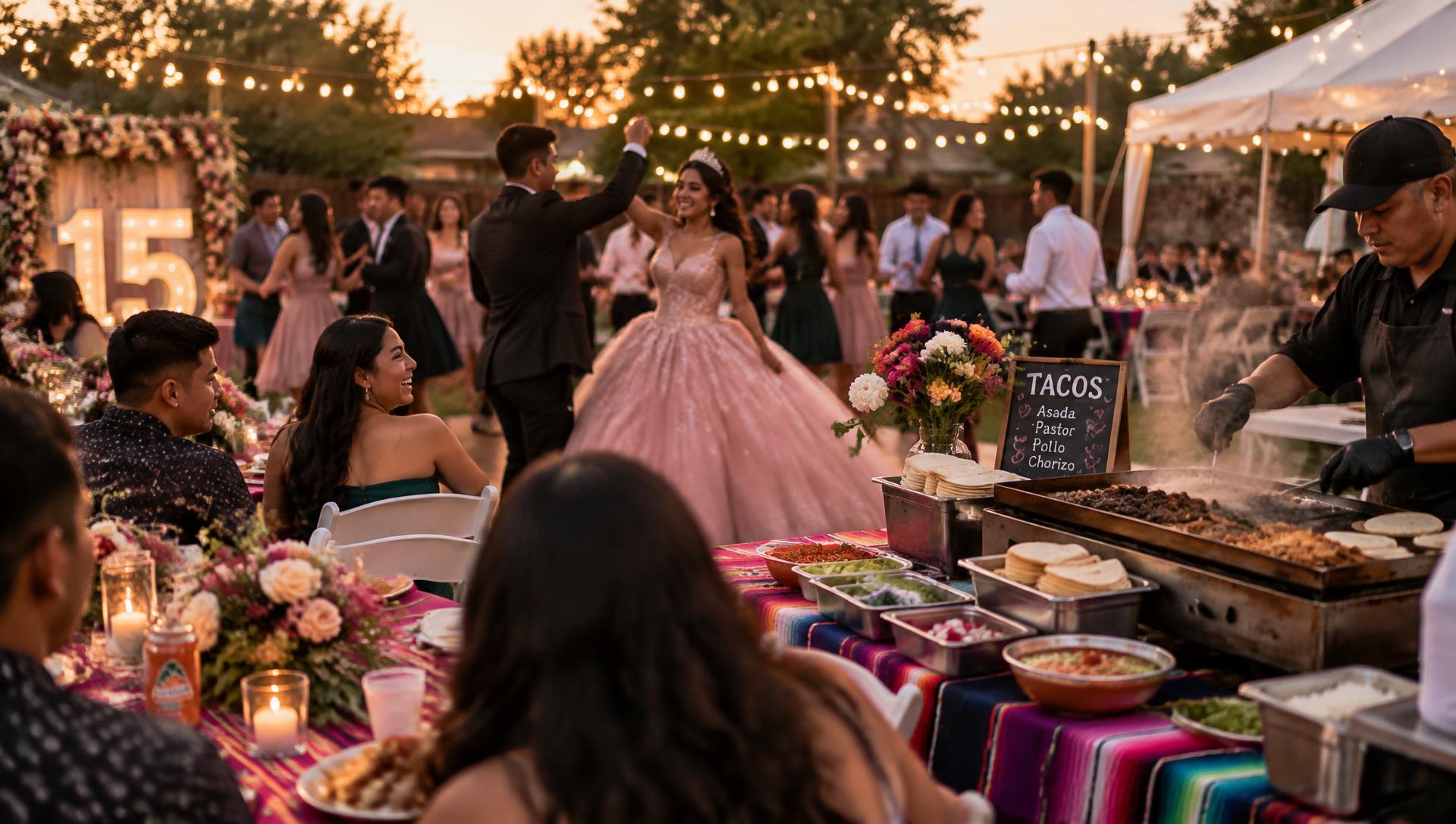 Guests dancing at an evening quinceañera with a taco station and string lights